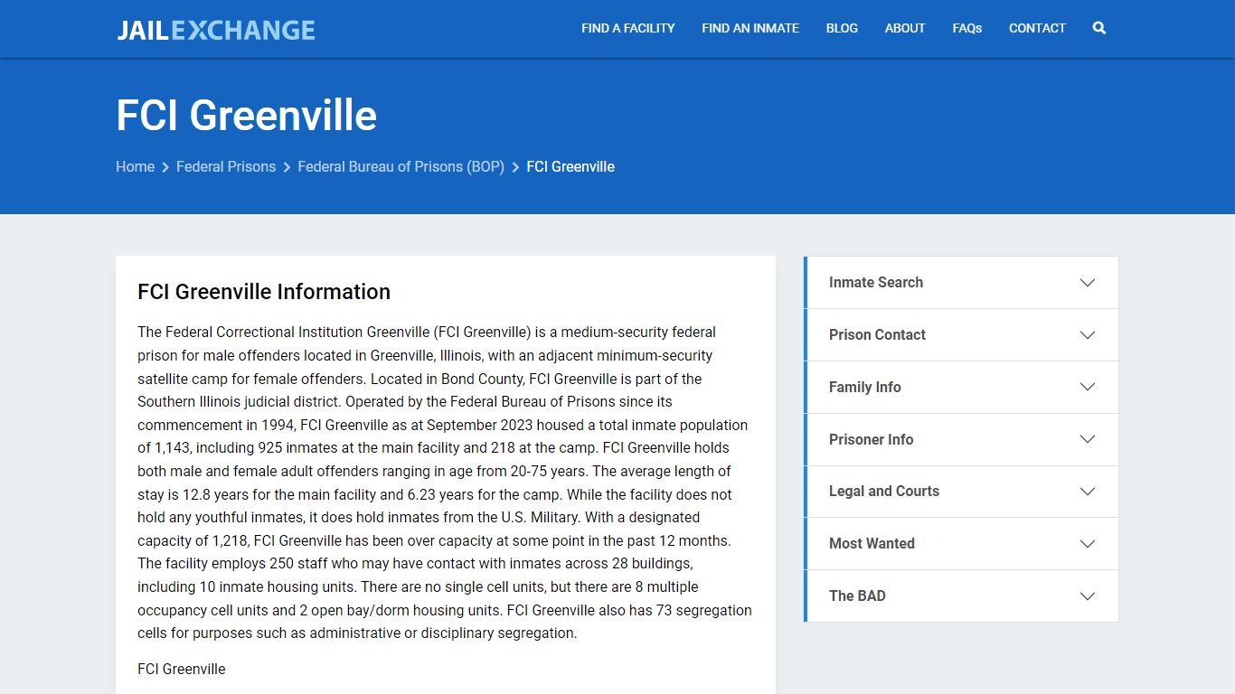 Federal Inmate Search - FCI Greenville - Jail Exchange